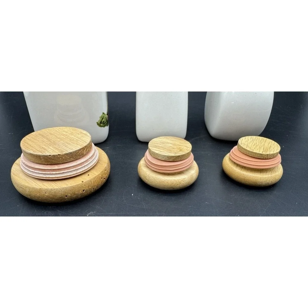 European Ceramic Canister Jars 3pc Wooden Lids Cottage Farmhouse Kitchen Decor